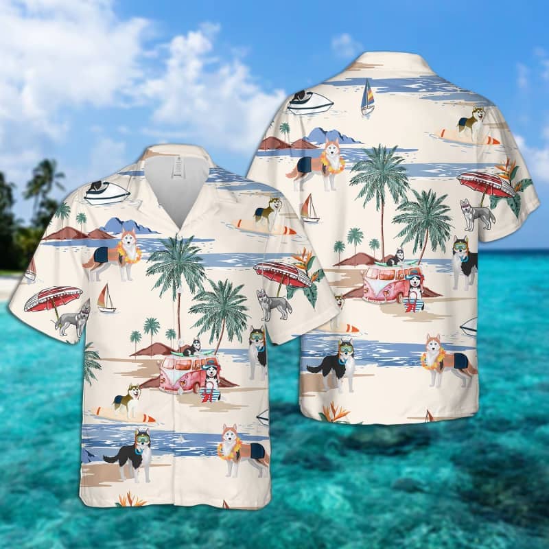 Husky Summer Beach Hawaiian Shirt, dog beach Short Sleeve Hawaiian Shirt