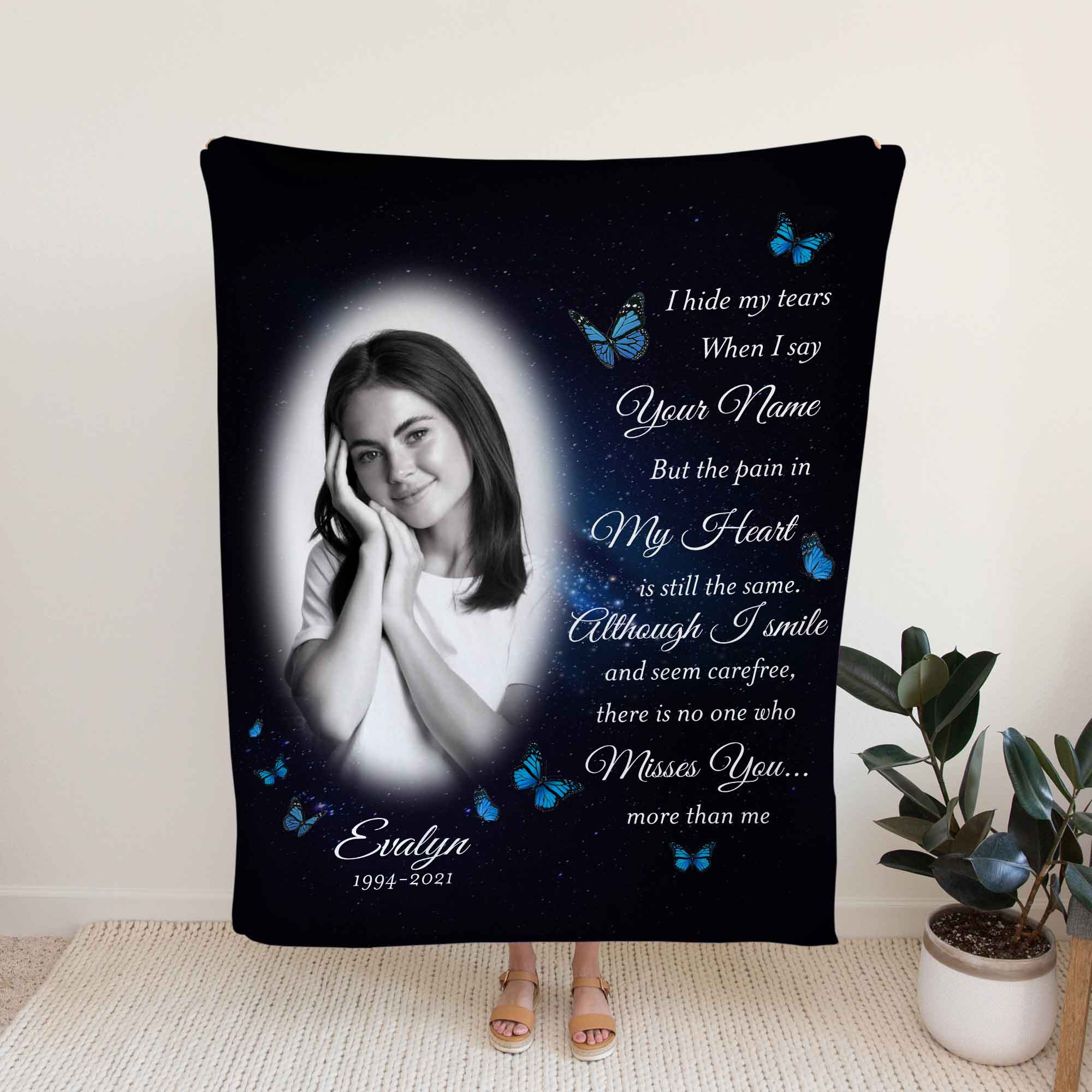 I Hide My Tears Custom Memorial Blanket With Photo, In Loving Memory Blankets For Loss Of Daughter Son, Sympathy Throw Blankets