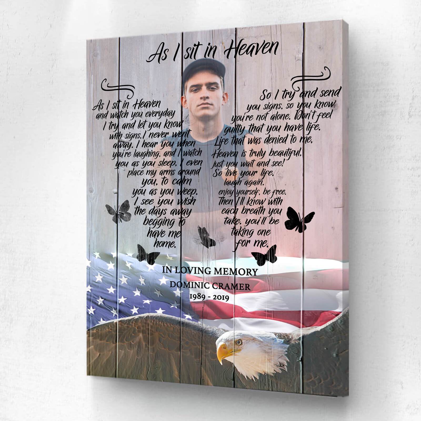I Sit In Heaven American Eagle Background, Personalized Photo Memorial Canvas, Canvas Wall Art Gift For Family Gift for Remembrance