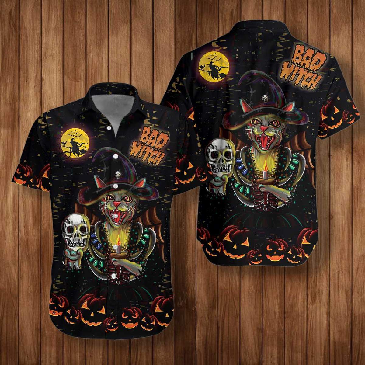 I'm A Bad Witch Cat Halloween Hawaiian Shirt, Unisex Print Aloha Short Sleeve Casual Shirt