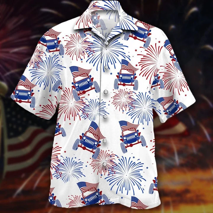 Jeep Car Hawaiian Shirt, Flag Jeeps And Fireworks Beautiful Design Hawaiian Shirt