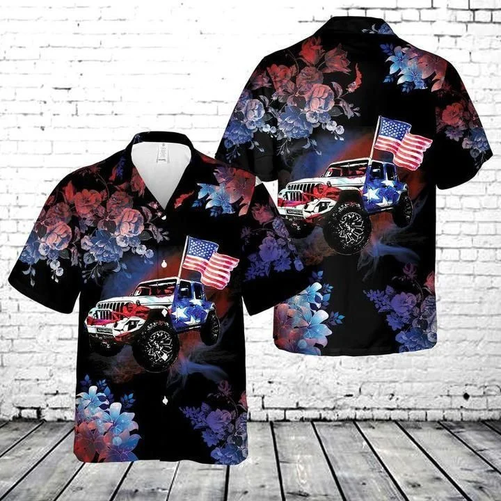 Jeep Hawaiian shirt for men, Women, Dark Theme Magical Floral Pattern Jeeps And Flag Hawaiian Shirt