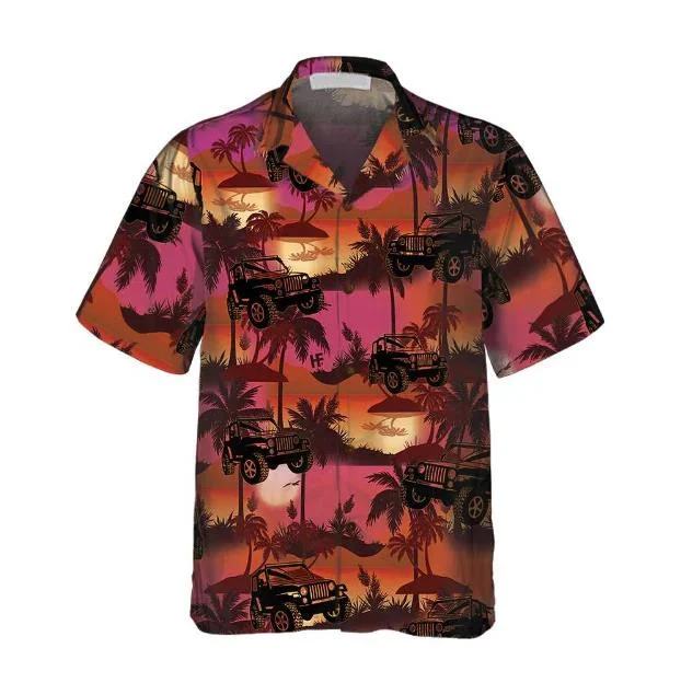 Jeep Tropical Palm Trees Beach At Sunset Pattern Hawaiian Shirt