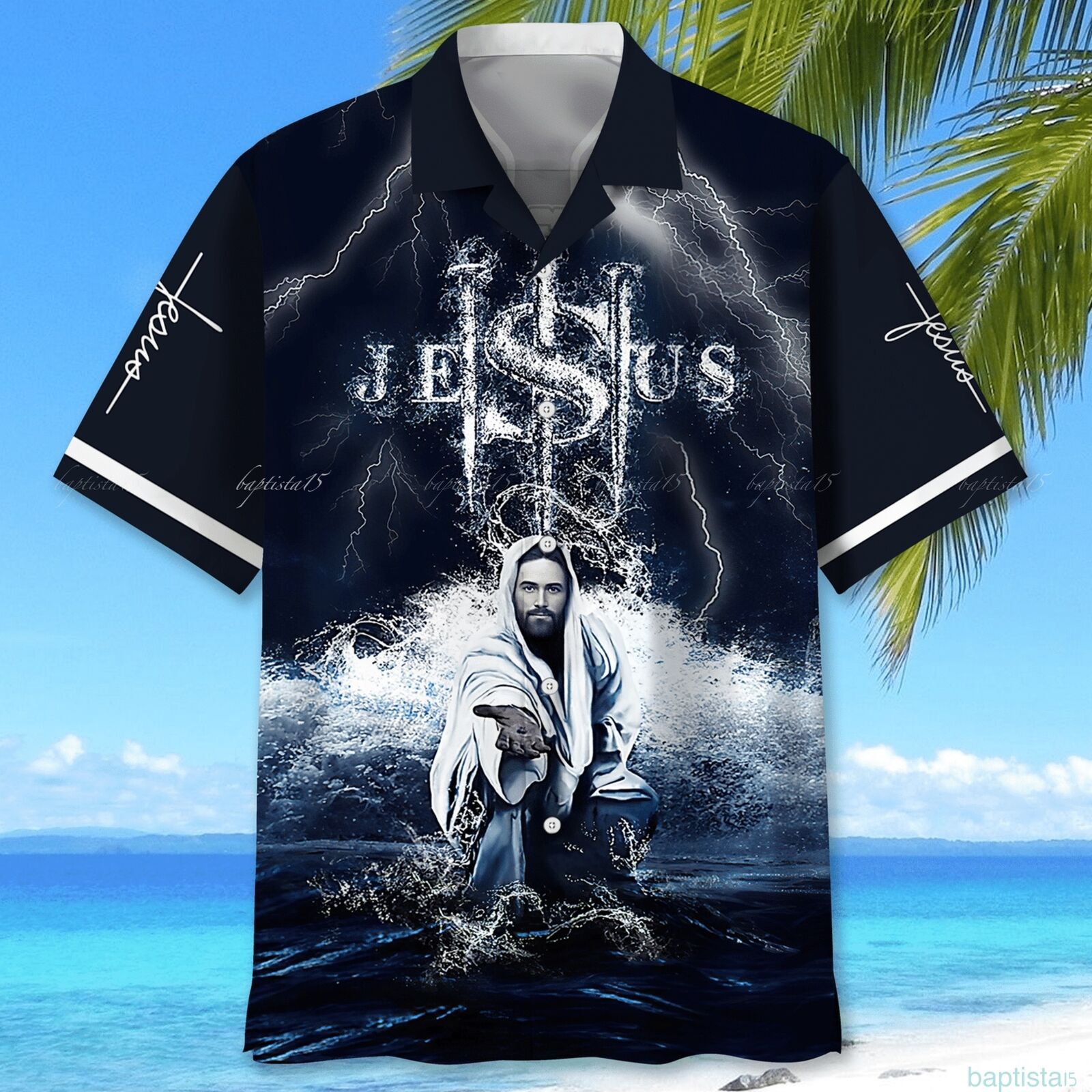 Jesus Beach Show Hand Short-Sleeve Hawaiian Shirt For Men Full Size