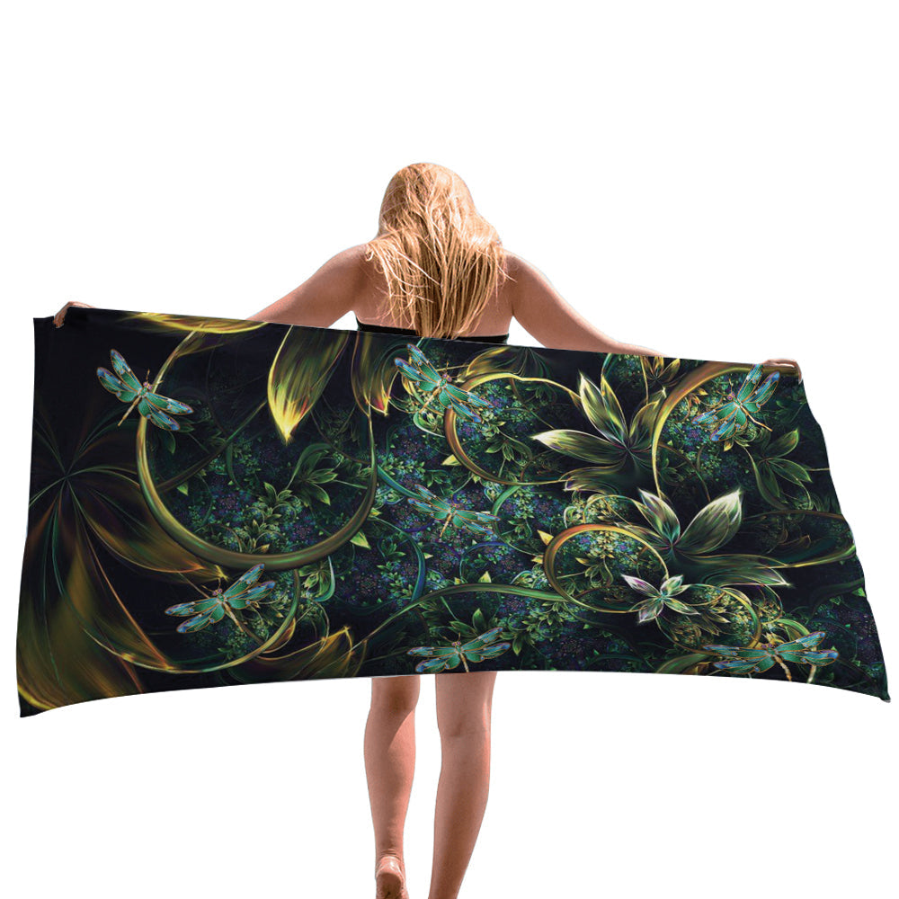 Jewel Dragonfly Fractal Art Beach Towel, Towel Gift For Camping, Sports, Beach, Backpacking, Yoga, Gym, Travel Beach Towels for Women Men Girls