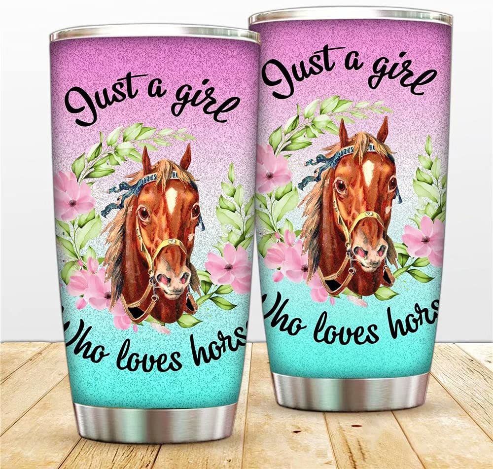 Just A Girl Who Loves Horse Tumbler, Floral Vacuum Insulated Coffee Mug with Lids, Gift for Daughter, Sister, Mom