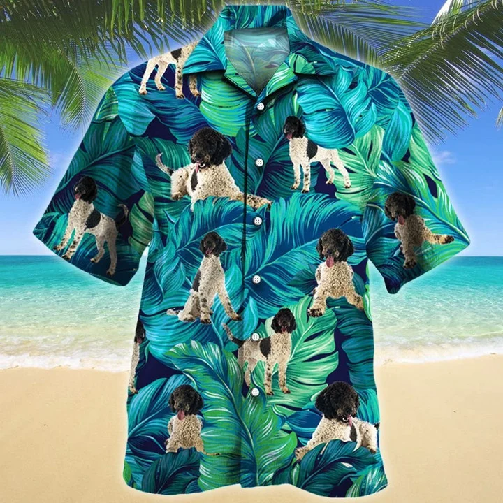 Kawaii Portuguese Water Dog Lovers Gift Summer Beach Palm Tree Pattern Hawaiian Shirt