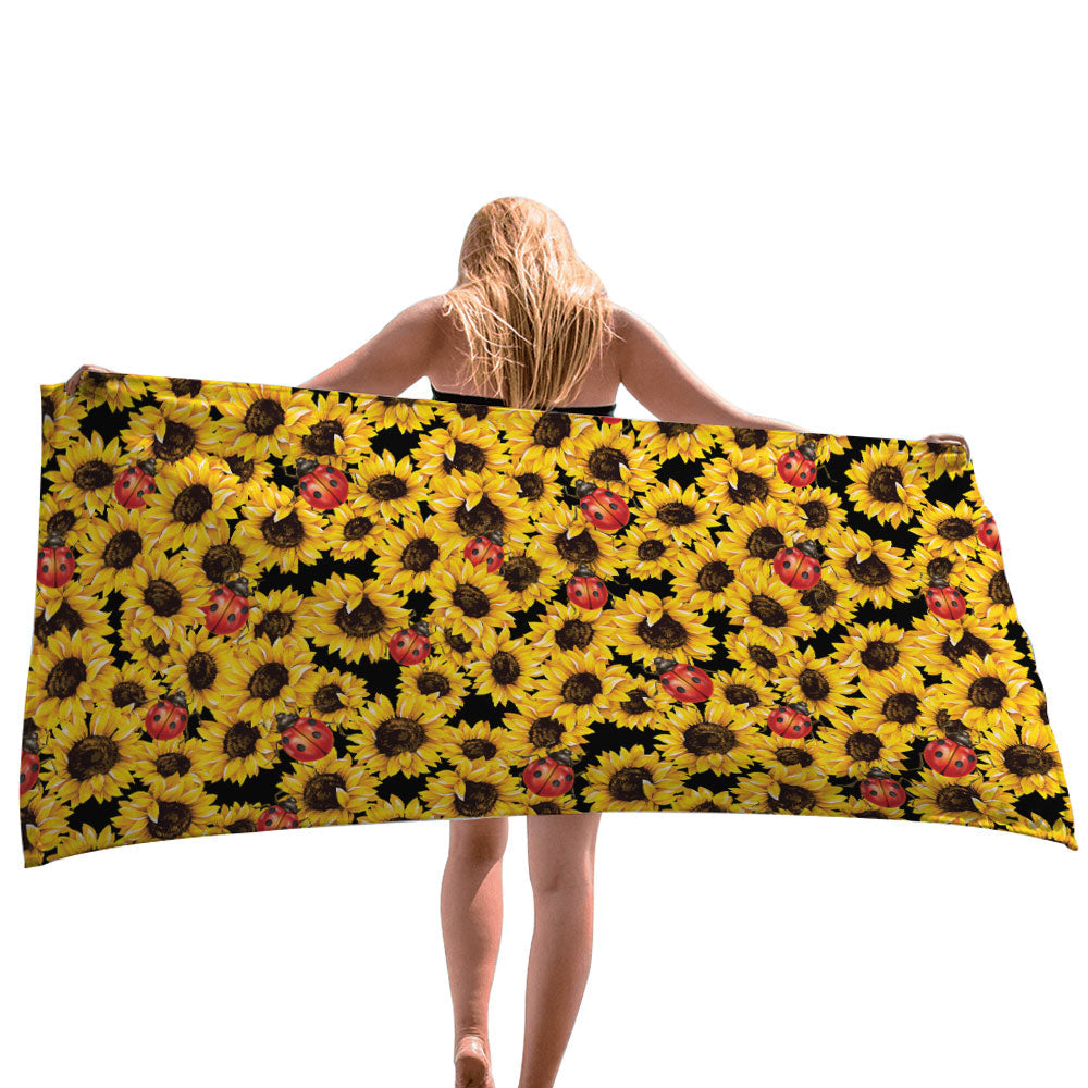 Ladybugs On The Sunflowers Beach Towel, Towel Gift For Camping, Sports, Beach, Backpacking, Yoga, Gym, Travel Beach Towels for Women Men Girls