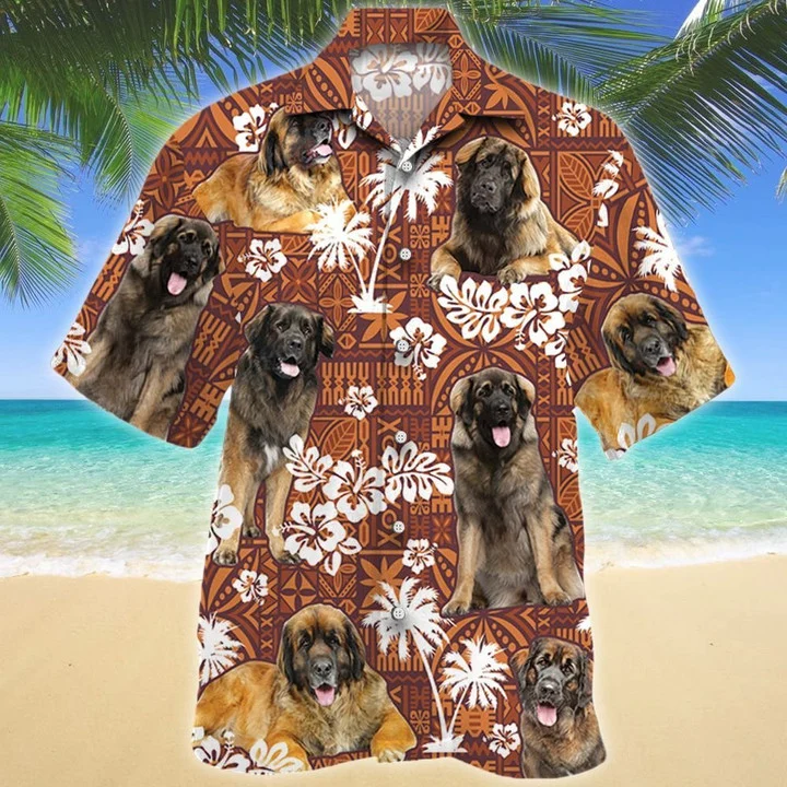 Leonberger Dog Red Tribal Pattern Hawaiian Shirt, Funny Dog, Dog Lover hawaiian Shirt For Men