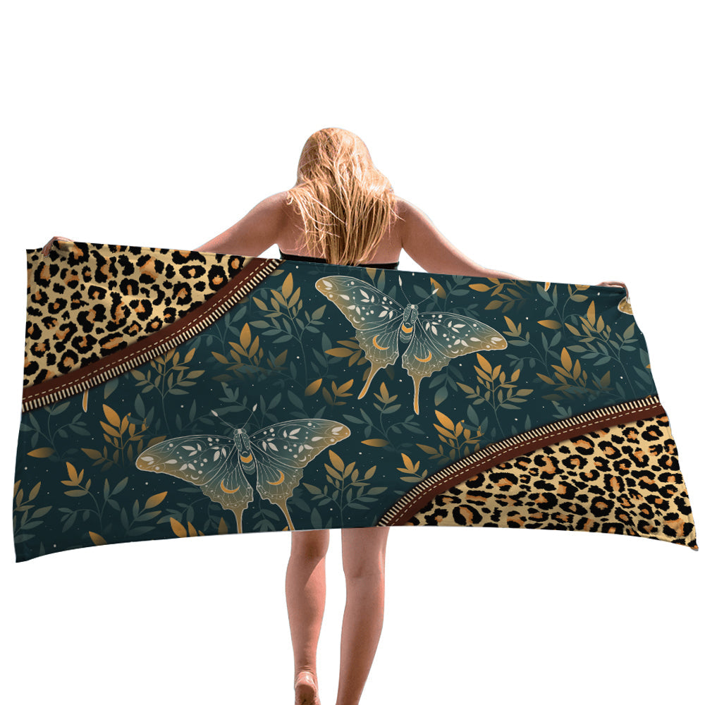 Leopard Mystical Moths Beach Towel, Towel Gift For Camping, Sports, Beach, Backpacking, Yoga, Gym, Travel Beach Towels for Women Men Girls