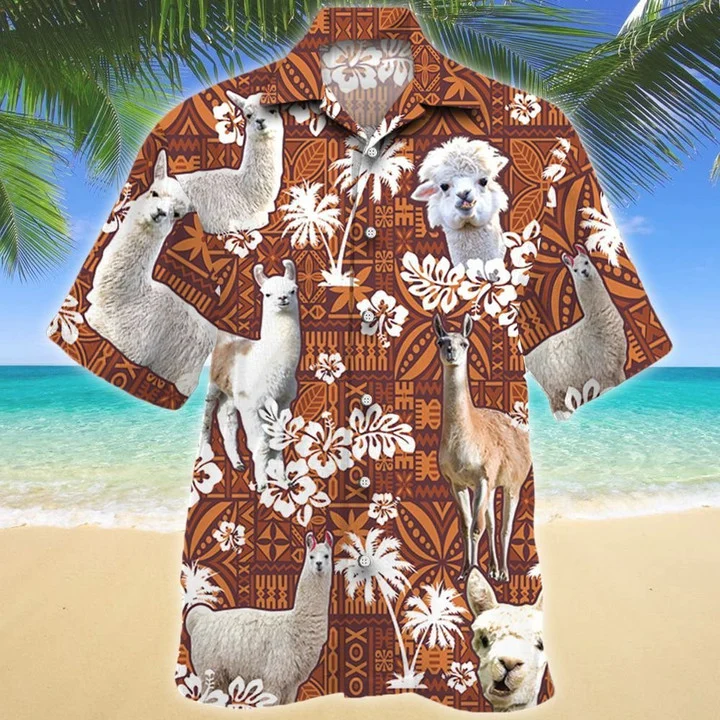 Llama And White Hibiscus On Brown Tribal Hawaiian Shirt, Short Sleeve Hawaiian Aloha Shirt for men