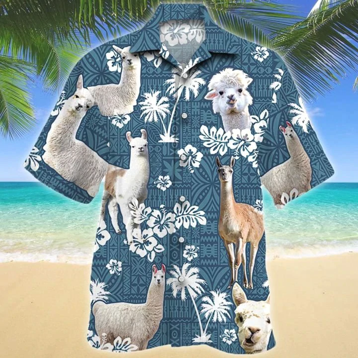 Llama Blue Tribal Pattern Hawaiian Shirt