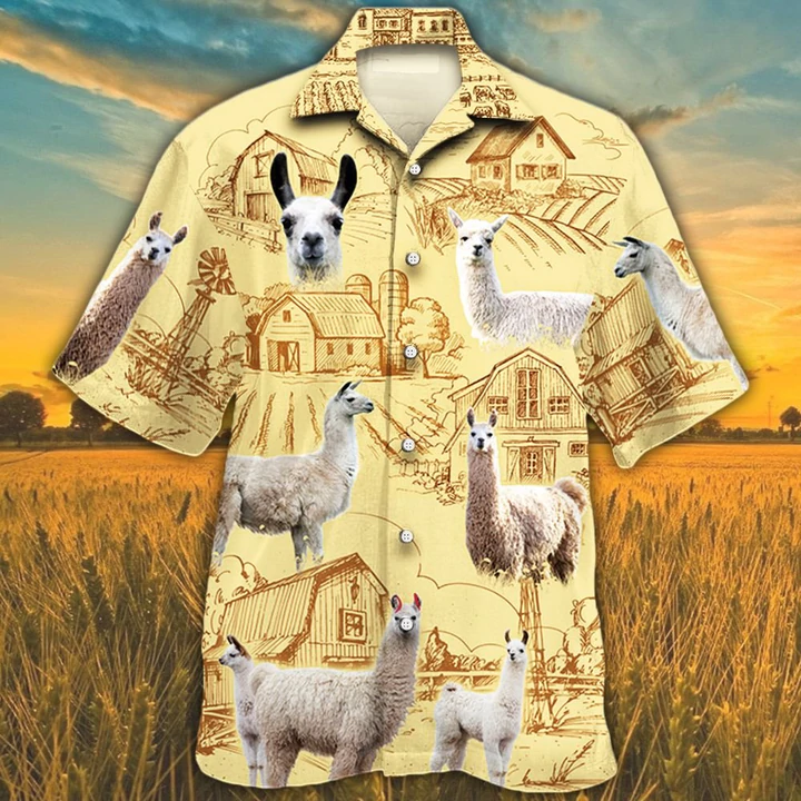 Llama Lovers Farm Hawaiian Shirt, Animal Llama Short Sleeve Hawaiian Aloha Shirt for Men, Women