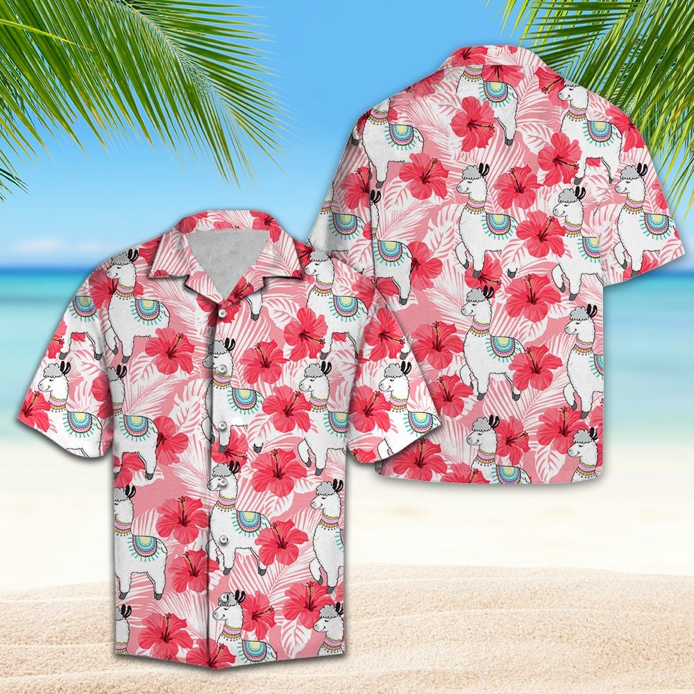 Llama Tropical Flowers Hibiscus Hawaiian Shirt, Llama Hawaiian Shirt For Men & Women Summer Gifts