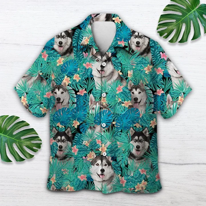 Lovely Siberian Husky In Tropical Palm Leaves Summer Hawaiian Shirt