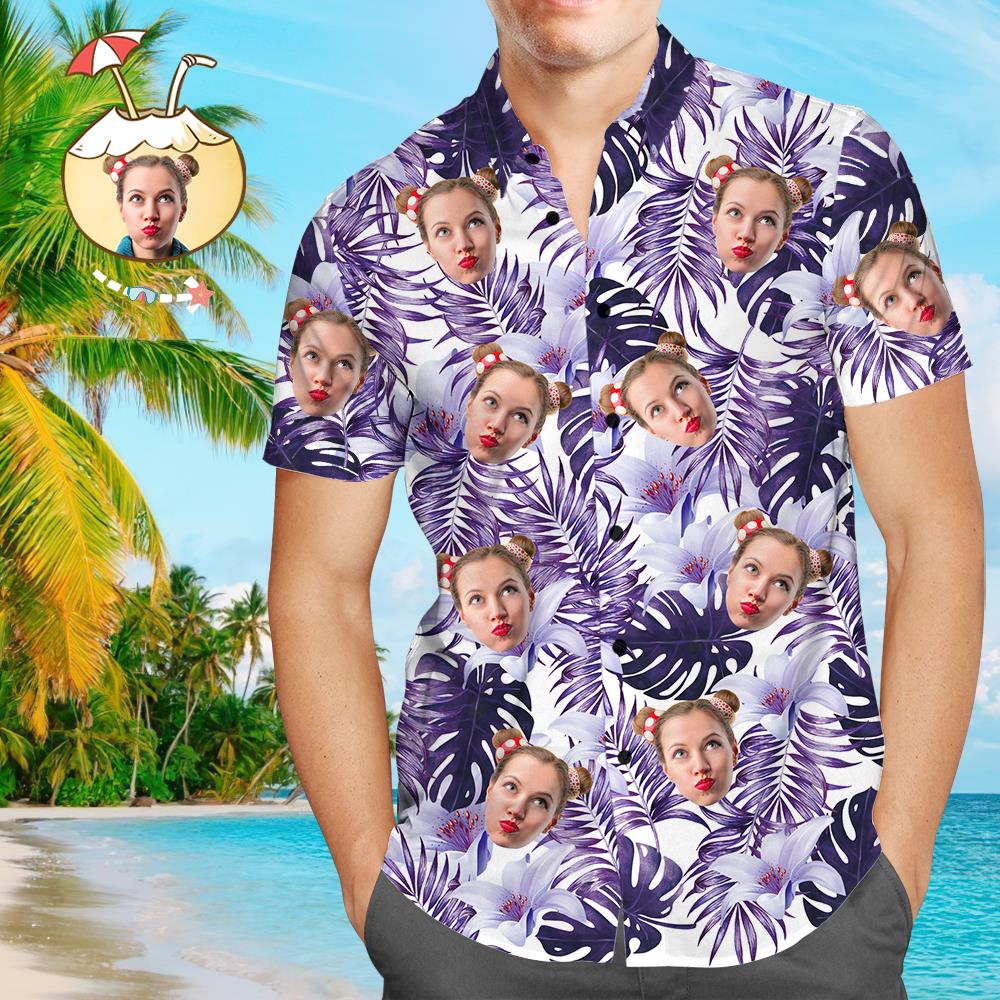 Loving Couple Purple Tropical Custom Photo Aloha Hawaiian Shirts For Men and Women