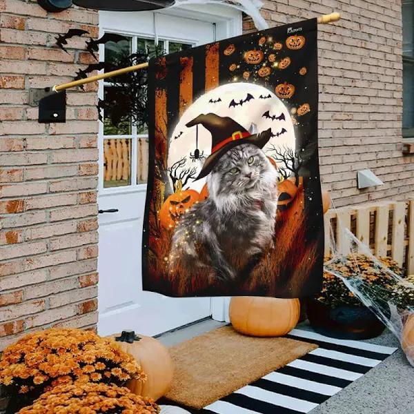 Maine Coon Cat Happy Halloween Flag Gift For Cat Lovers Decorative Holiday Outdoor Weather