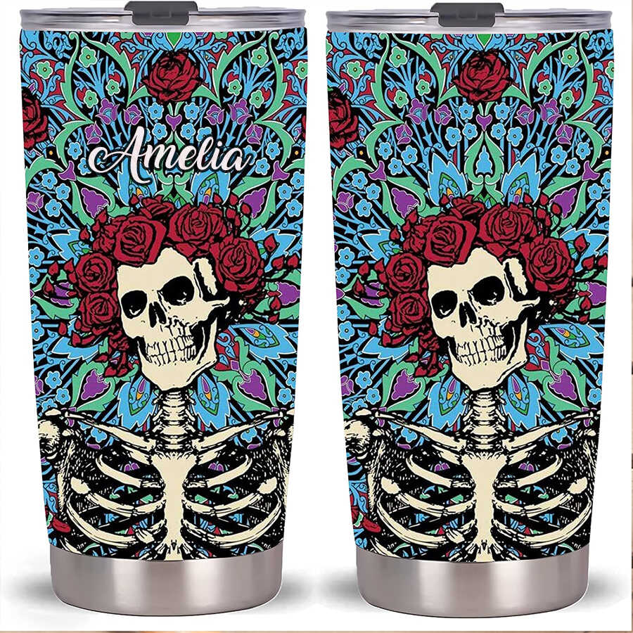 Melancholic Skeleton 20oz Tumbler Cup Stainless Steel Travel Coffee Mug, Skull tumbler for Women