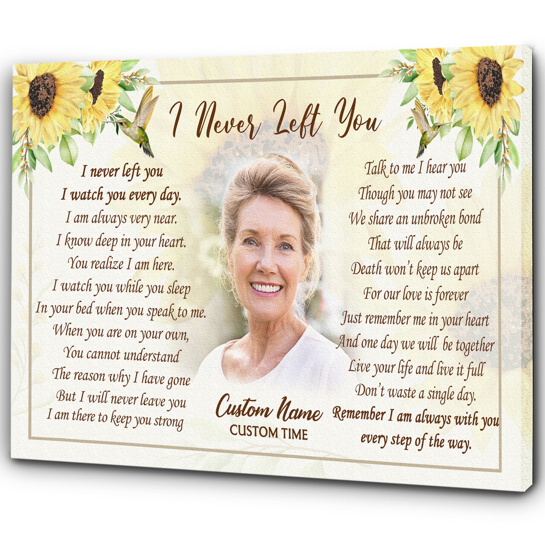 Memorial Canvas I Never Left You Sunflower Canvas Personalized, Memorial Gift for Loved One, Sympathy Canvas for Loss of Mother Wife Sister Remembrance Canvas Bereavement Message