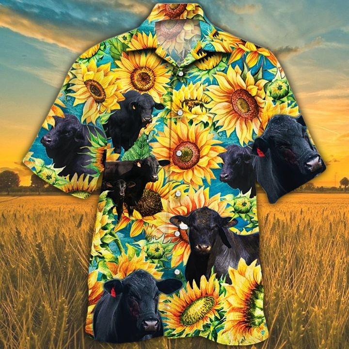 Men Brangus Cattle Hawaiian Shirt Yellow Sunflower, Cow Hawaiian Shirt For Men & Women Summer Gifts