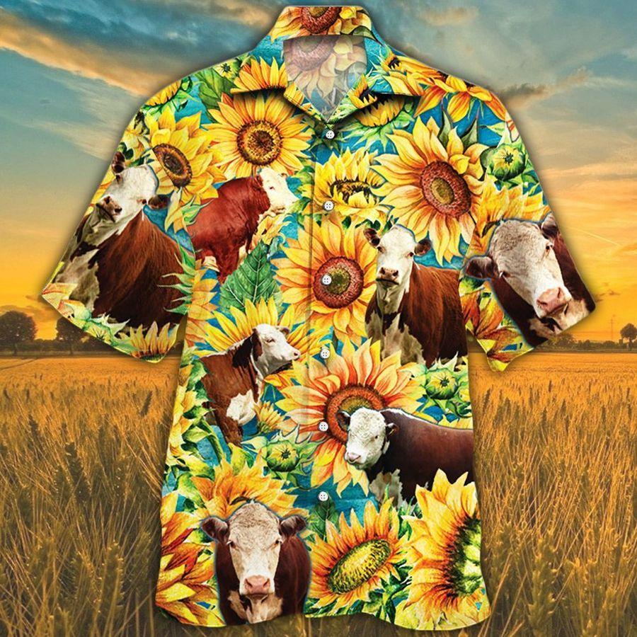 Men Hereford cattle Hawaii Shirt Yellow, Cow Hawaiian Shirt For Men & Women Summer Gifts