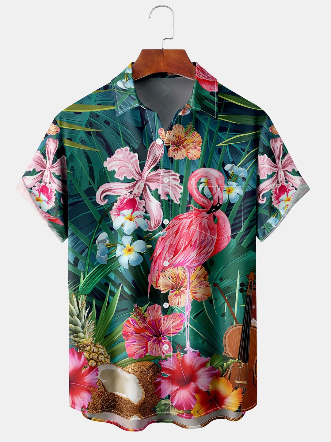 Men's Flamingo Print Casual Breathable Hawaiian Short Sleeve Shirt