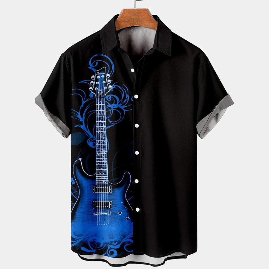 Men's Guitar Pattern Casual Print Loose Short Sleeve hawaiian Shirt