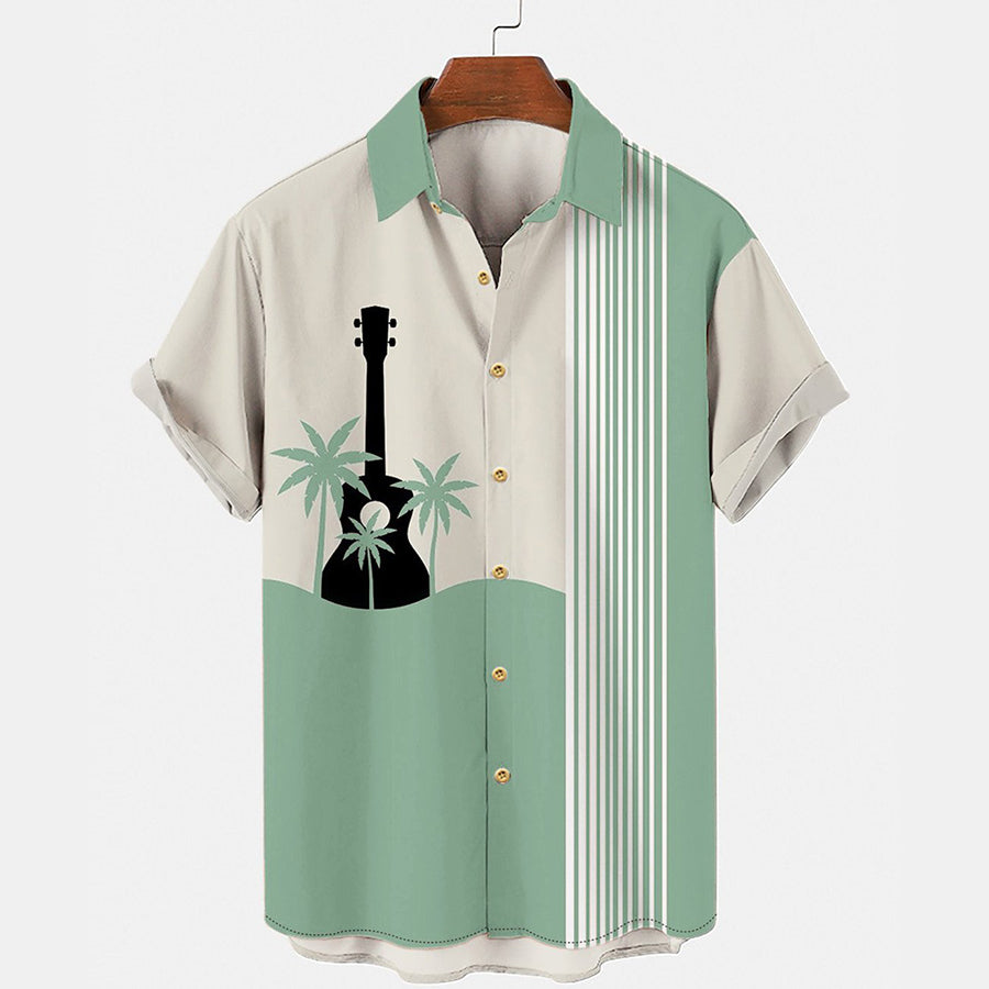 Men's Hawaiian Music Guitar Stripe Panel Casual Shirt