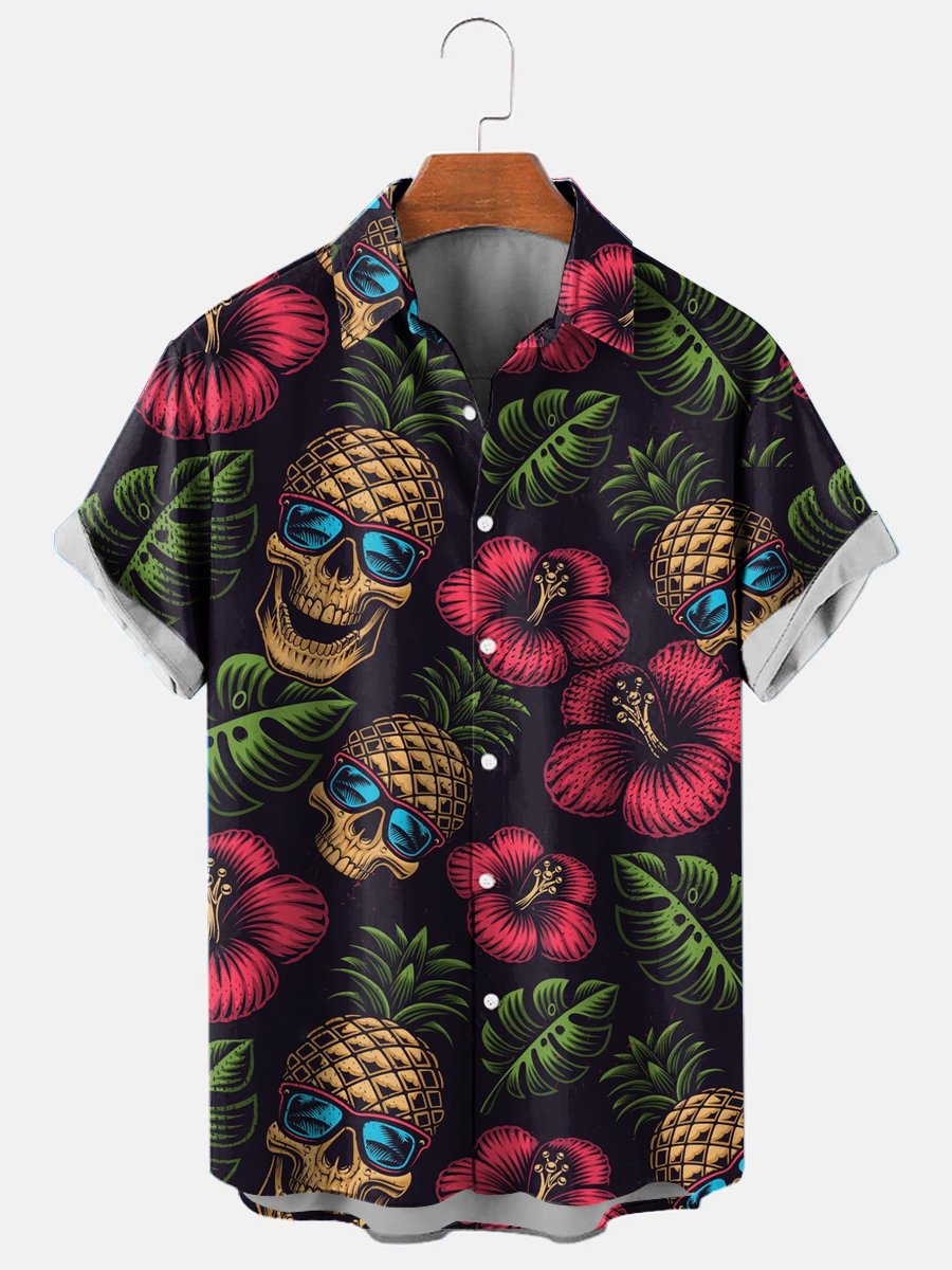 Men's Hawaiian Pineapple Skull Casual Short Sleeve Shirt