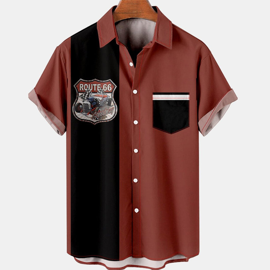 Men's Route 66 Vintage Cars Print Casual Breathable Chest Pocket Short Sleeve Hawaiian Shirts