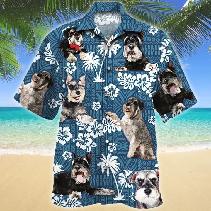 Miniature Schnauzer Different Poses Dog Lovers Blue Tribal Pattern Hawaiian Shirt