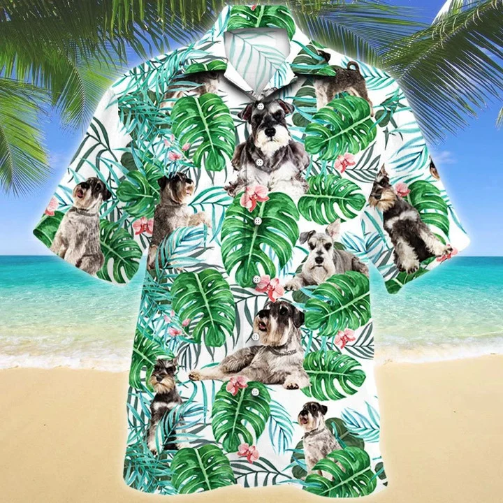 Miniature Schnauzer Dog Tropical Plant Montera Leaves Pattern Hawaiian Shirt